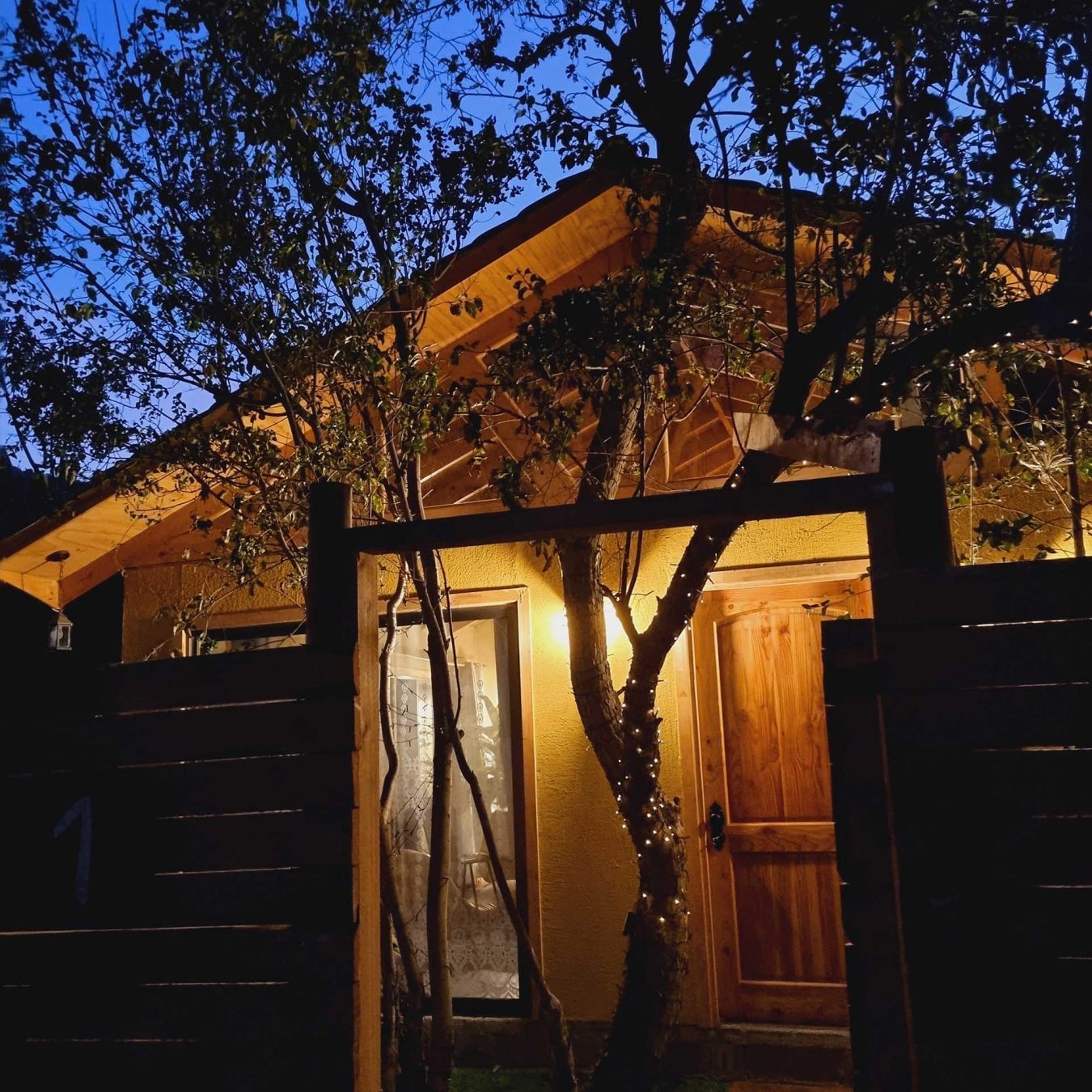 Cabaña Premium al anochecer, iluminada entre los árboles de Olmué