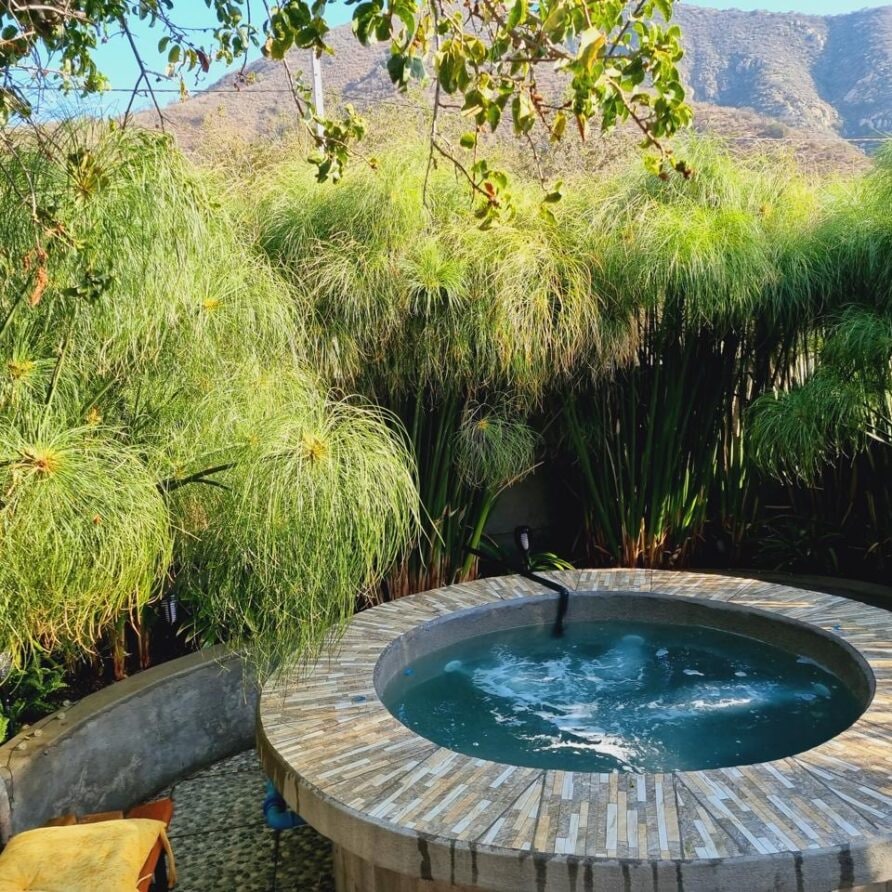 Tinaja privada de agua caliente de la Cabaña Premium, con el cerro de Olmué al fondo