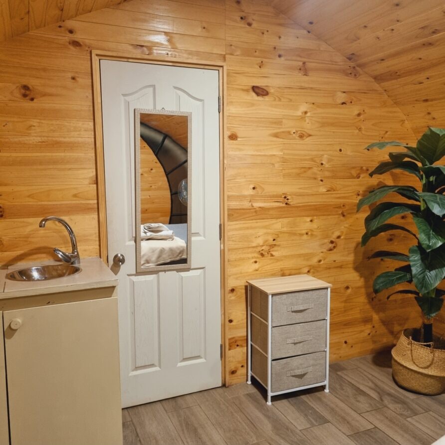 Interior de la Tiny House en Olmué — lavamanos, espejo y cómoda en madera nativa