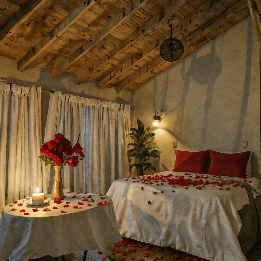 Ejemplo de ambientación del Ritual La Campana: pétalos y velas sobre la cama y mesa con rosas